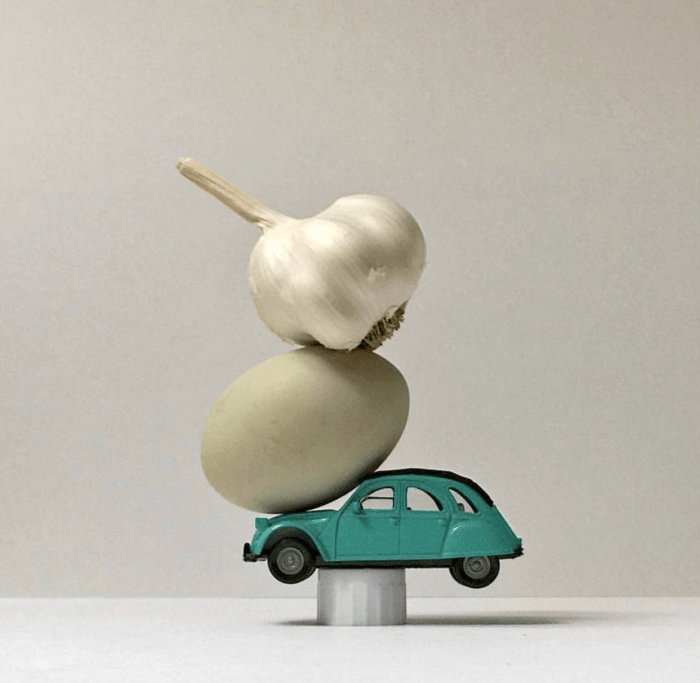 Jamie Newton - bottle cap, deux chevaux, egg, garlic (one-a-day sculpture series, 2017/2018)